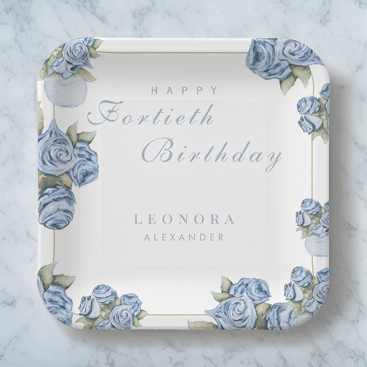 水彩バラANYマイルストーンフローラ誕生日 ペーパープレート