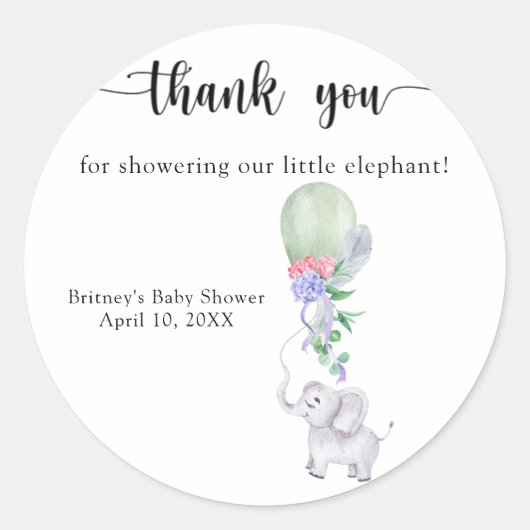 水彩バルーンと象のサンキュー  ラウンドシール (正面)
