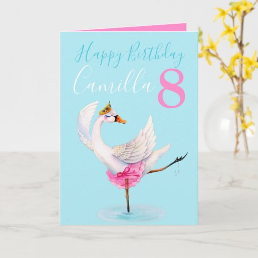 水彩バレエの白パーソナライズされた鳥8歳の誕生日 カード (黄色い花)
