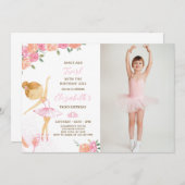 水彩バレリーナ誕生日招待状とフォト 招待状 (正面/裏面)