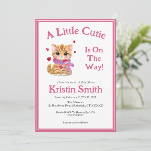 水彩バレンタインデー子猫ベビーシャワー 招待状 (スタンド正面)