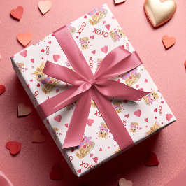 水彩バレンタインデー子猫XOXOパターン ラッピングペーパー