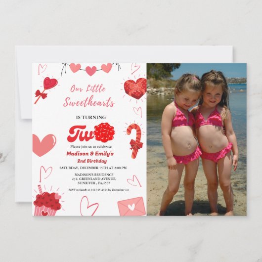水彩バレンタインハートツインガールズ2nd誕生日 招待状 (正面)