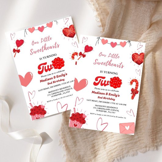 水彩バレンタインハートツインガールズ2nd誕生日 招待状
