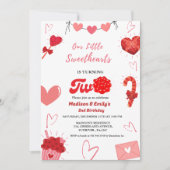 水彩バレンタインハートツインガールズ2nd誕生日 招待状 (正面)