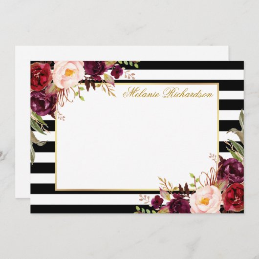 水彩バーガエレガントンディフローラストライプの ノートカード (正面/裏面)