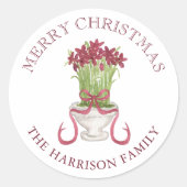 水彩バーガンディアマリリスのクリスマスプレゼント ラウンドシール (正面)