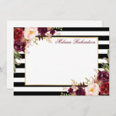 水彩バーガンディストライプのフローラ ノートカード (正面/裏面)