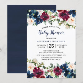 水彩バーガンディネイビー花のベイビーシャワー 招待状