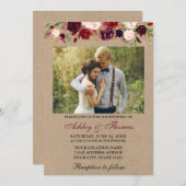 水彩バーガンディフローラクラフトフォト結婚ズ 招待状 (正面/裏面)