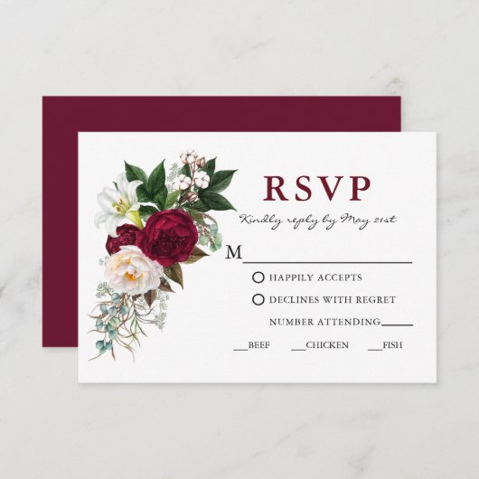 水彩バーガンディフローラグリーンリーミールRSVP 出欠カード (正面/裏面)
