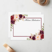 水彩バーガンディフローラフレパーソナライズされたーム ノートカード (正面/裏面インサイチュ)