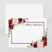 水彩バーガンディフローラフレパーソナライズされたーム ノートカード (正面/裏面)