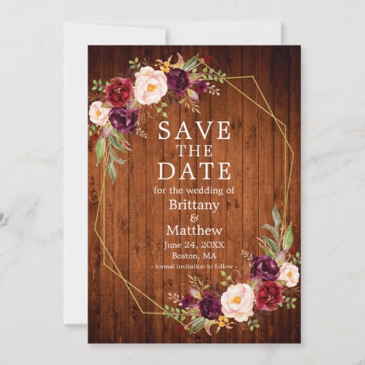 水彩バーガンディフローラ木製ジオフレーム写真 セーブザデート (正面)