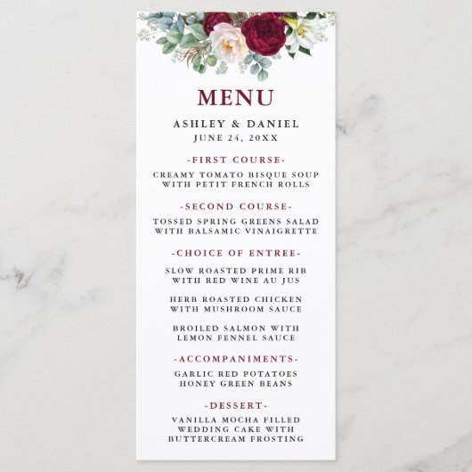 水彩バーガンディフローラ結婚グリーンのメニュー メニュー (正面)