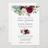 水彩バーガンディフローラ結婚グリーンW 招待状 (正面/裏面)