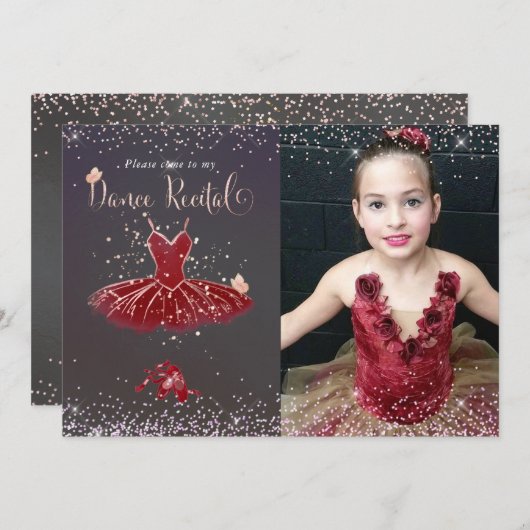 水彩バーガンディーのチュチュダンス発表会 招待状 (正面/裏面)
