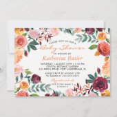 水彩バーガンディーオレンジピンクフローラ赤ちゃんシャワー 招待状 (正面)
