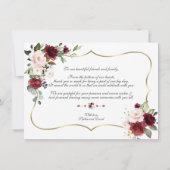 水彩バーガンディーピンクの花結婚の金ゴールド サンキューカード (裏面)