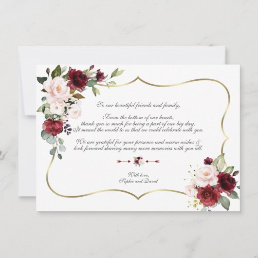 水彩バーガンディーピンクの花結婚の金ゴールド サンキューカード (裏面)