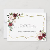水彩バーガンディーピンクの花結婚の金ゴールド サンキューカード (正面)