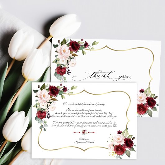 水彩バーガンディーピンクの花結婚の金ゴールド サンキューカード
