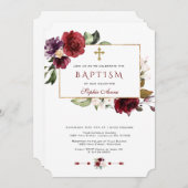 水彩バーガンディーピンクフローラフレームバプテスマ 招待状 (正面/裏面)