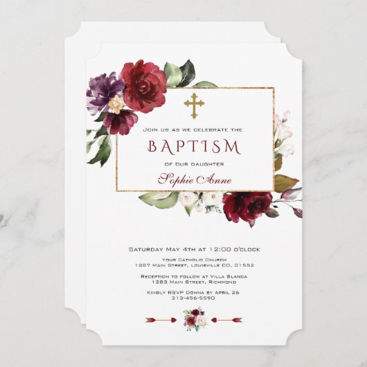 水彩バーガンディーピンクフローラフレームバプテスマ 招待状 (正面/裏面)