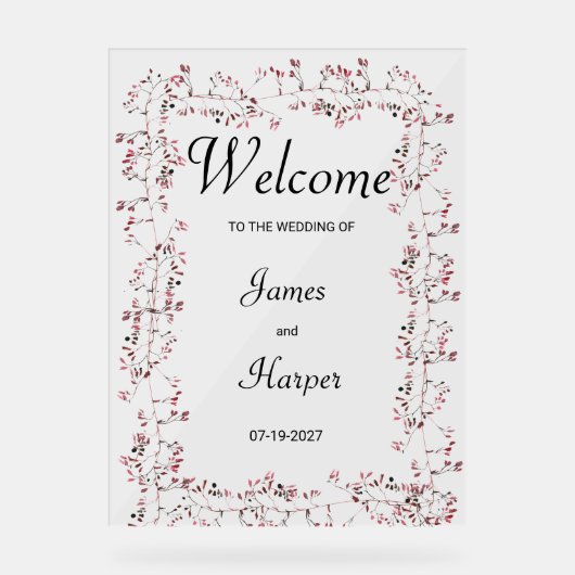 水彩バーガンディーピンクフローラリーフへようこそ アクリルサイン (正面)