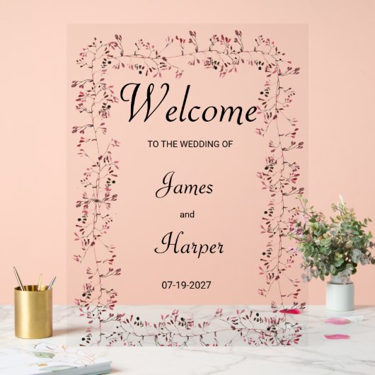 水彩バーガンディーピンクフローラリーフへようこそ アクリルサイン (ウェディング)