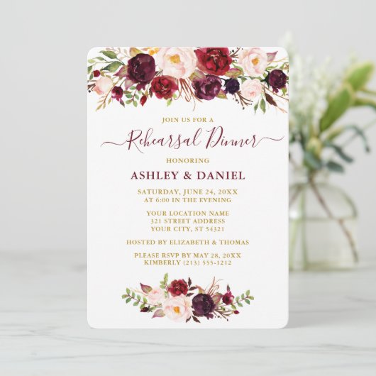 水彩バーガンディーピンクフローラ金ゴールドリハーサル 招待状 (スタンド正面)