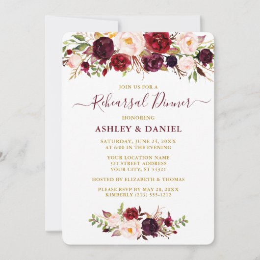 水彩バーガンディーピンクフローラ金ゴールドリハーサル 招待状 (正面)
