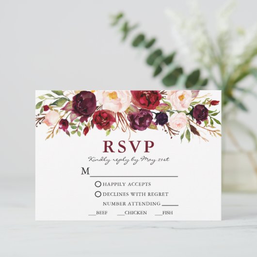 水彩バーガンディーピンク結婚フローラの食事 出欠カード (スタンド正面)