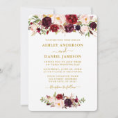 水彩バーガンディーピンク結婚フローラ金ゴールド 招待状 (正面)