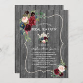 水彩バーガンディーフラワーズウッドブライダルティーパーティー 招待状 (正面/裏面)