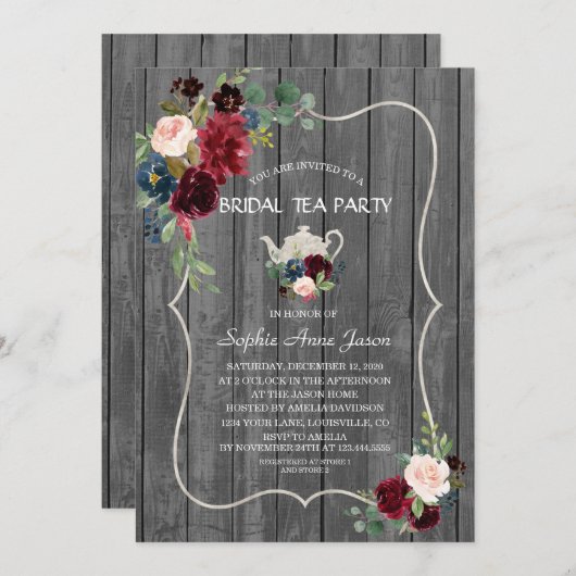 水彩バーガンディーフラワーズウッドブライダルティーパーティー 招待状 (正面/裏面)
