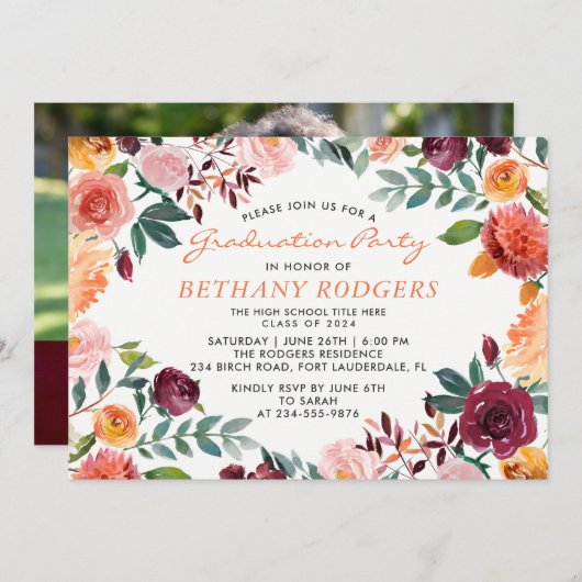 水彩バーガンディーフラワー卒業パーティー写真 招待状 (正面/裏面)