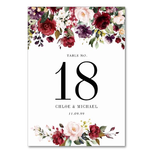 水彩バーガンディーレッドピンクパーソナライズされた色 テーブルナンバー (正面)