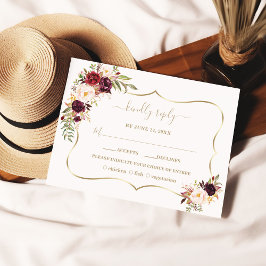 水彩バーガンディーレッドピンクフローラ結婚金ゴールド 出欠カード