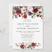 水彩バーガンディーレッドピンク素朴フローラ結婚ズ 招待状 (正面)