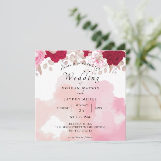 水彩バーガンディーレッド赤面ピンクフローラ結婚ズ 招待状 (スタンド正面)