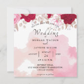 水彩バーガンディーレッド赤面ピンクフローラ結婚ズ 招待状 (正面)