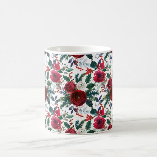 水彩バーガンディ冬の花がクリスマス コーヒーマグカップ (中央)