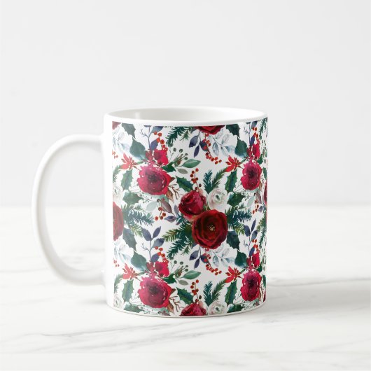 水彩バーガンディ冬の花がクリスマス コーヒーマグカップ (左)