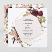 水彩バーガンディ赤面と金ゴールドフローラ 招待状 (正面/裏面)