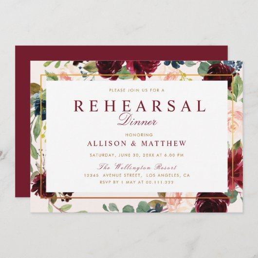 水彩バーガンディ赤面フローラリハーサルディナー 招待状 (正面/裏面)