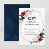 水彩バーガンディ ネイビーブルー フローラル ジオメトリック 出欠カード (正面/裏面)