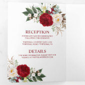 水彩バーガンディ&ホワイトローズ、リリー、緑 三つ折り招待状 (内部最初)