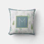 水彩パイナップルティール（緑がかった色）&グリーンイニシャル クッション (正面)