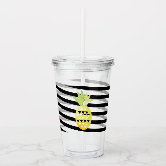 水彩パイナップルリボンストライプモノグラム アクリルタンブラー (正面)